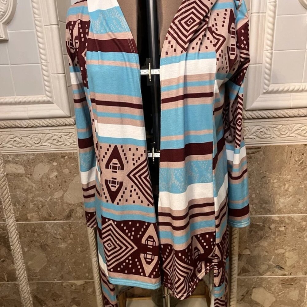 Liu Si Ran. Size Large. Stretch Kimono. Open. Border Print Stripe. Asym B117